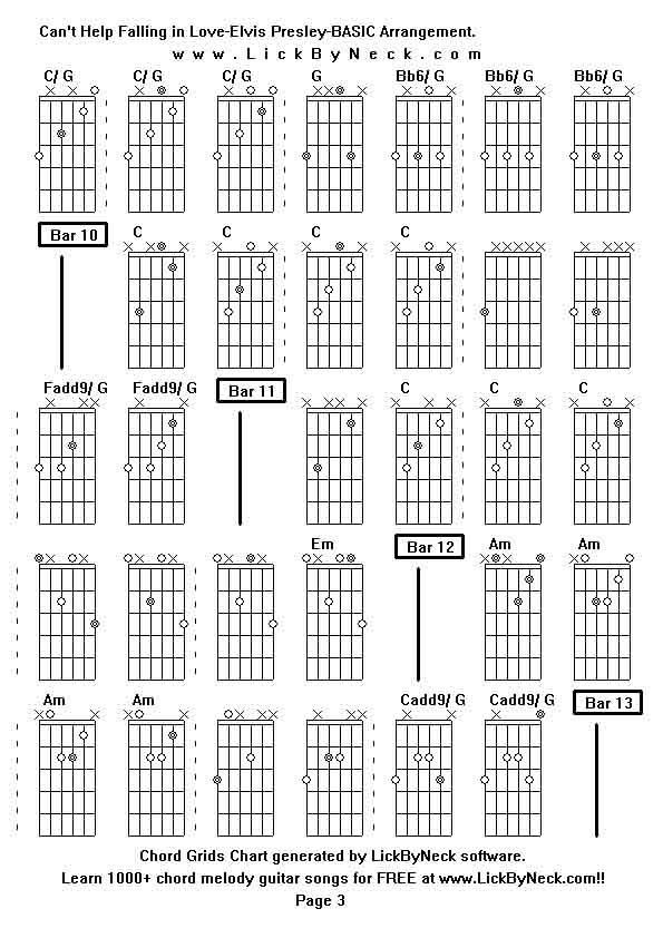 Chord Grids Chart of chord melody fingerstyle guitar song-Can't Help Falling in Love-Elvis Presley-BASIC Arrangement,generated by LickByNeck software.